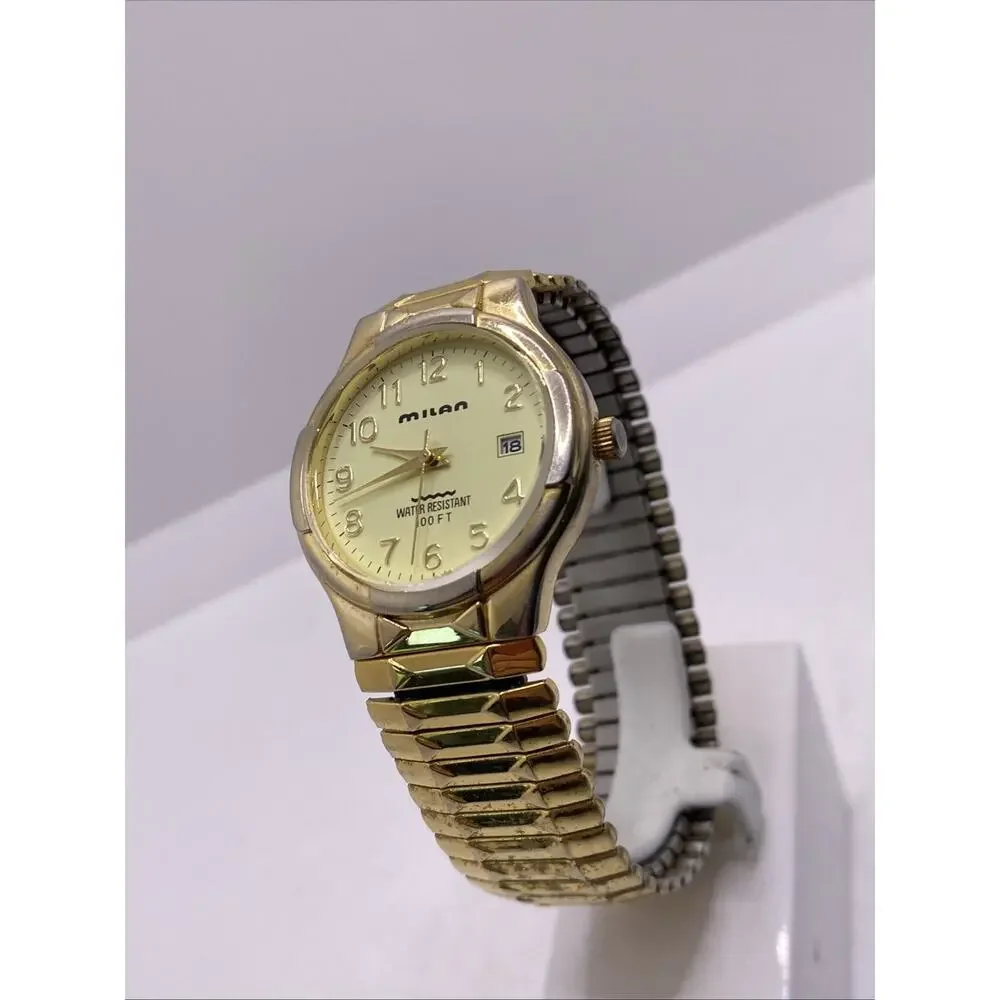 Milan Mens Vintage Gold Tone Date Watch New Battery